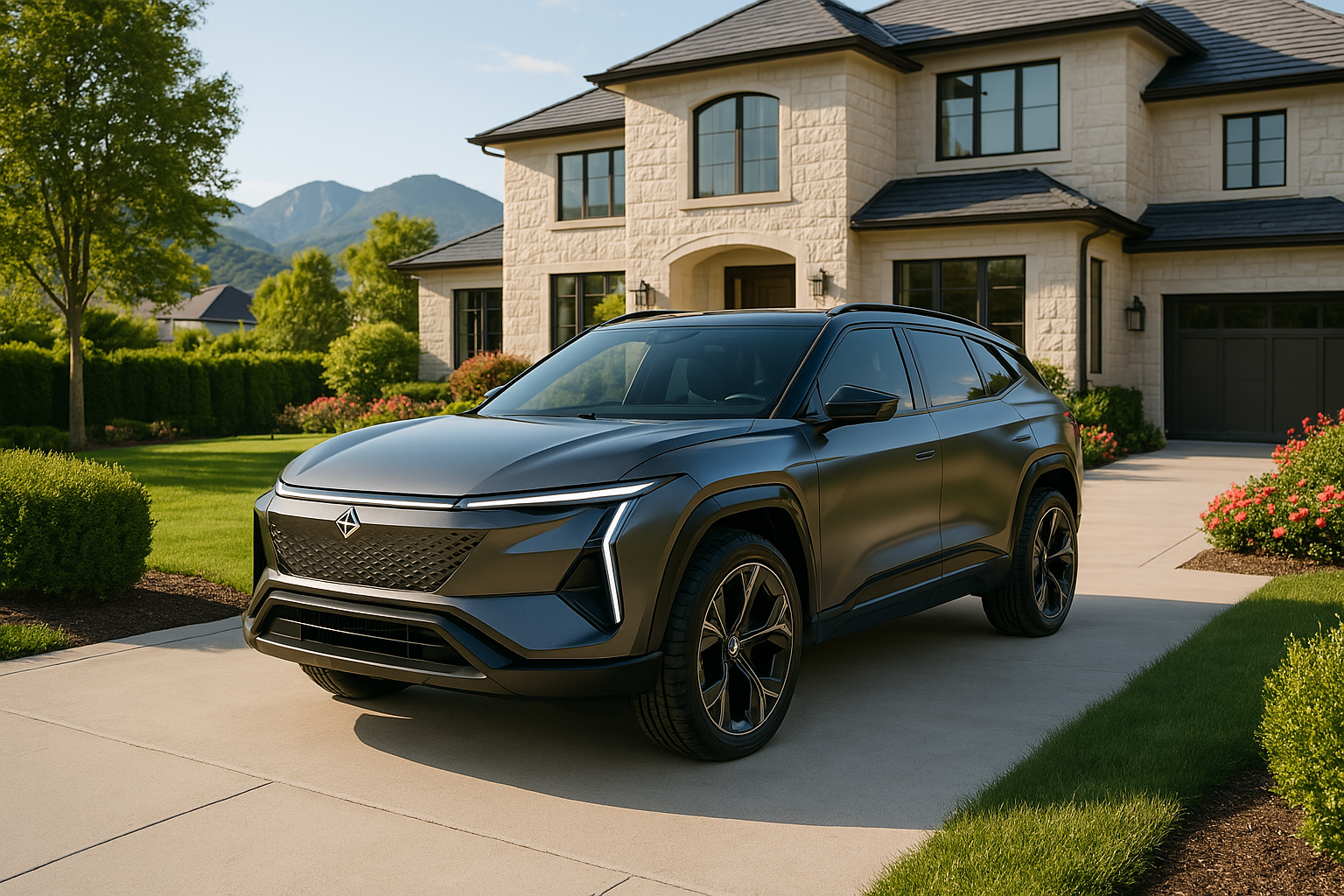 Le SUV tout-terrain stationné devant une résidence moderne, illustrant son design premium et sa polyvalence.